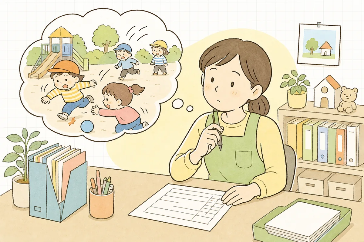 園庭で子どもが転びかけた場面を思い返しながら、ヒヤリハットの記録用紙にペンを走らせようとして少し手が止まっている保育園の事務担当者