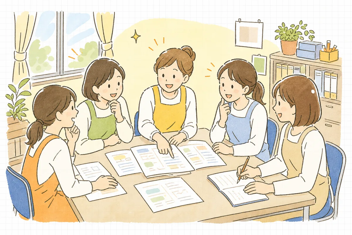 職員みんなで記録を見ながら「ここ、直そう」と前向きに話し合い、安心した表情を浮かべる保育園の職員たち