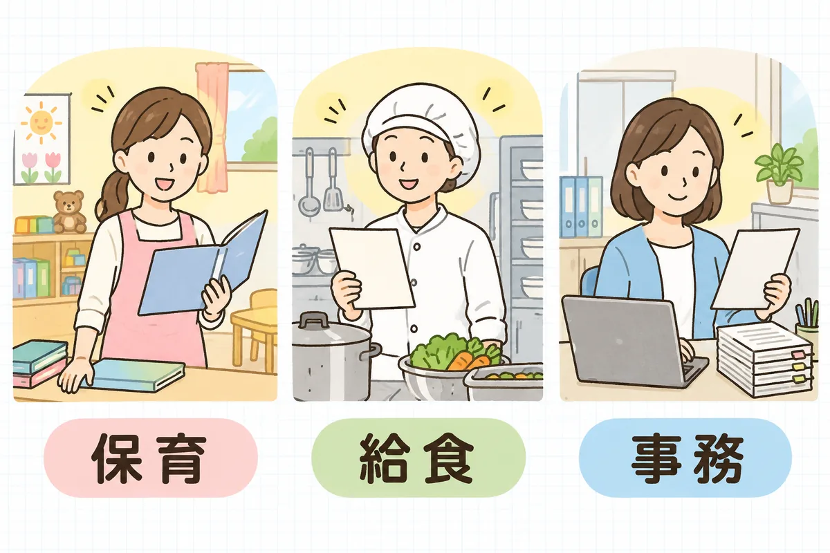 自己点検表の項目を三つの分野で分担するようすを、保育室の主任・給食室の調理担当・事務室の事務担当の三つの場面で横に並べた図