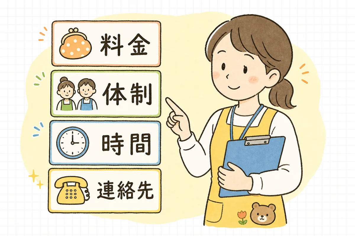 重要事項説明書で変わりやすい四つの項目を並べたチェック図を指し示す保育園の事務担当者