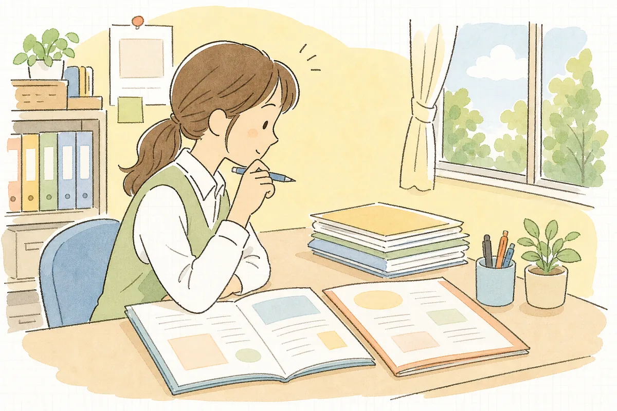 昨年度の重要事項説明書と入園のしおりを机に並べ、どこを直そうか考えながらペンを持つ保育園の事務担当者