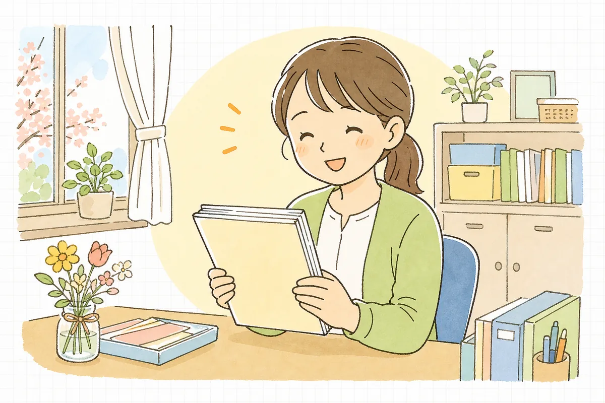 見直しの終わった重要事項説明書を手に、新年度の説明会を落ち着いて迎えられそうな表情でほほえむ保育園の事務担当者