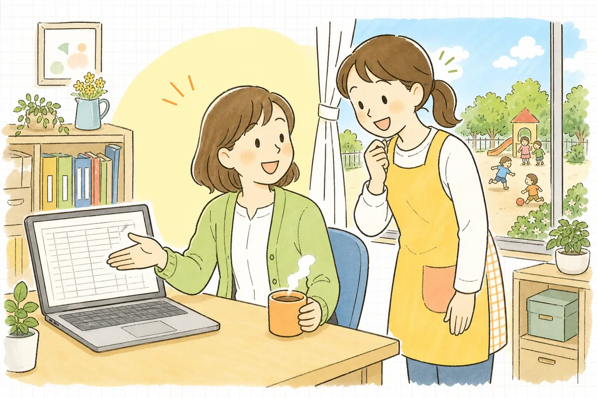 朝の保育園の事務室で、パソコンの前に座った事務職員が、となりの同僚に画面を見せながら笑顔で話している場面
