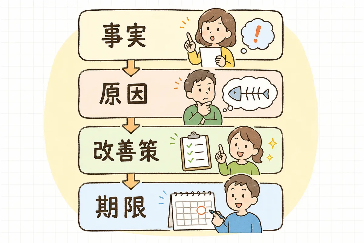 改善報告書を「事実・原因・改善策・期限と担当」の4つの欄に分けて指摘ごとに埋める流れを示した図