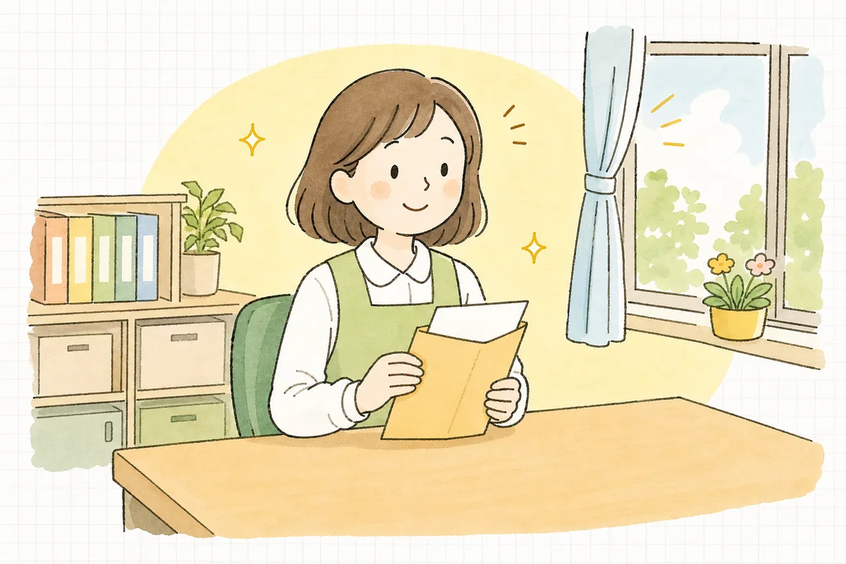 書き上げた改善報告書をそっと封筒に納め、窓辺の明るい光の中でほっと肩の力を抜く保育園の事務担当者