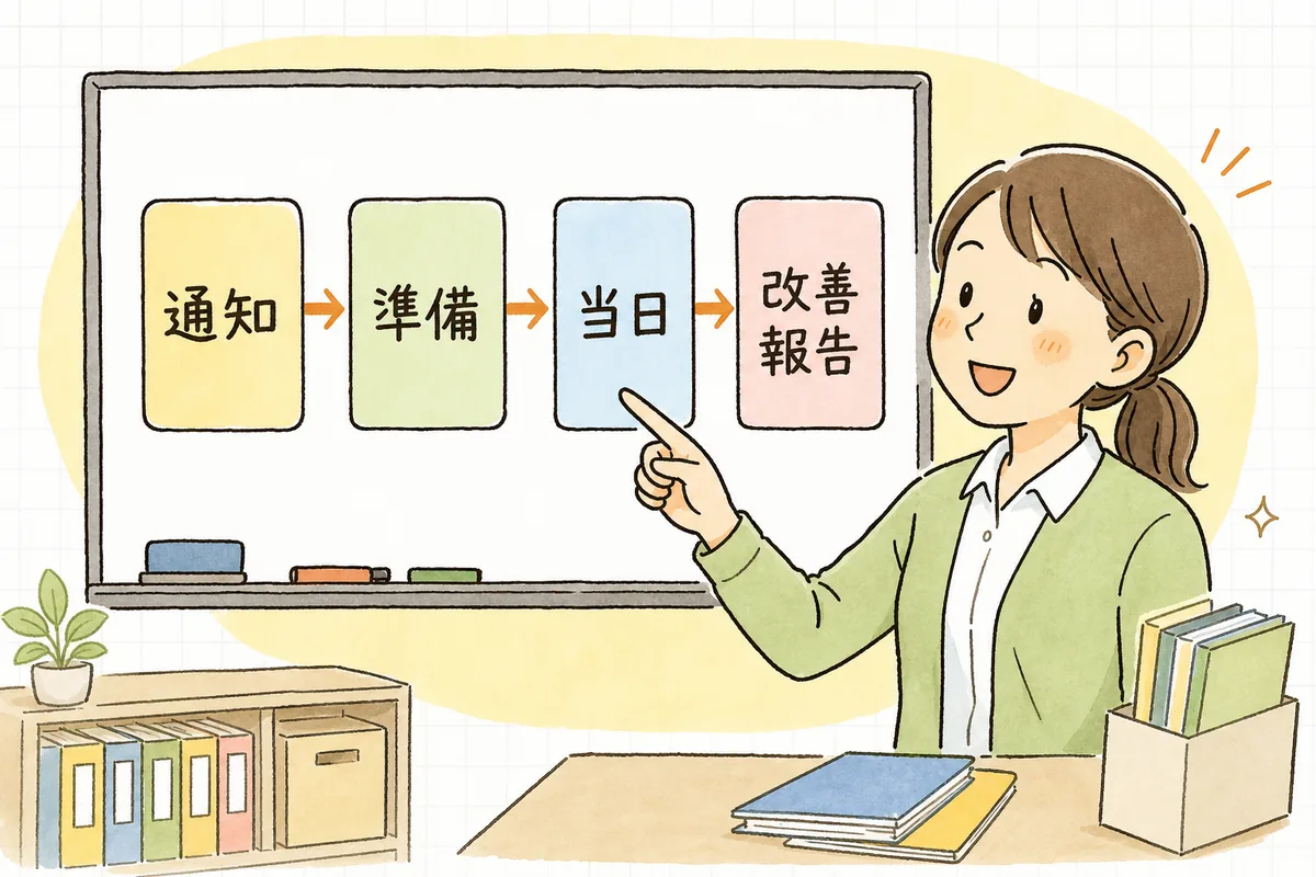 「通知・準備・当日・改善報告」の4段階を矢印でつないだ監査対応の流れ図を確かめる保育園の事務担当者