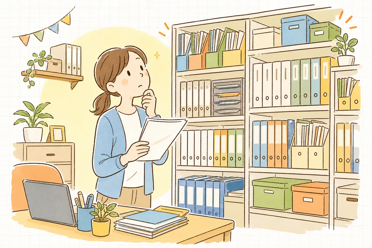 指導監査の通知書を手に、書類棚を見上げて「何から準備しよう」と考え込む保育園の事務担当者