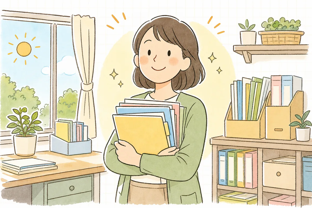 整えた書類を胸に、監査当日を落ち着いて迎えようと前を向いてほほえむ保育園の事務担当者
