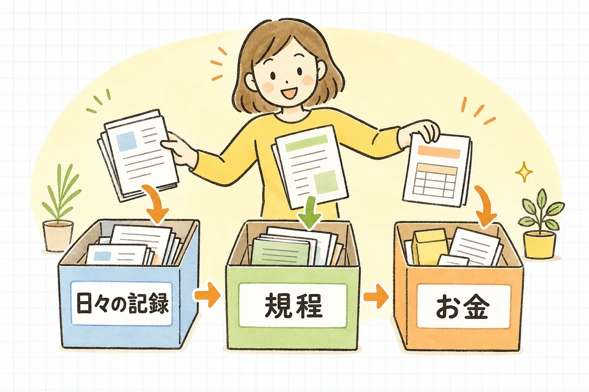 監査書類を「日々の記録」「規程・体制」「お金まわり」の三つの箱に分けて整理する流れを示した図