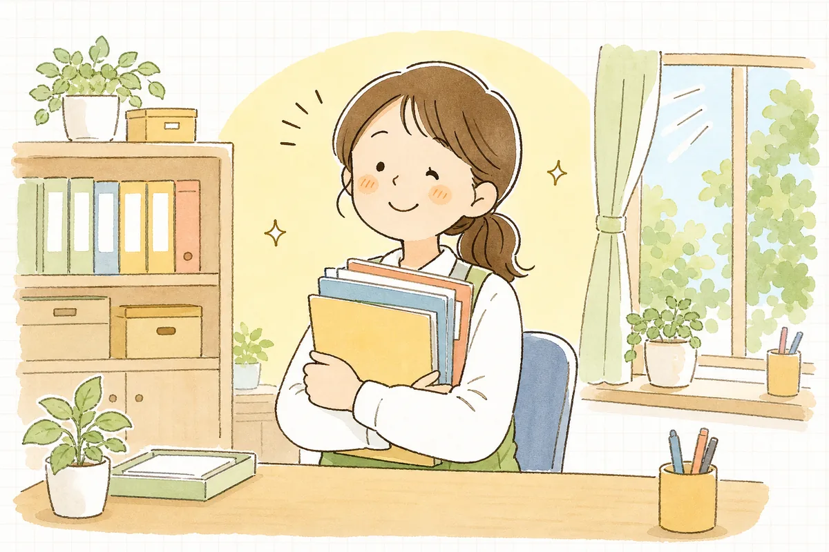 揃えた書類のファイルを胸に抱え、窓辺の明るい光の中でほっとほほえむ保育園の事務担当者