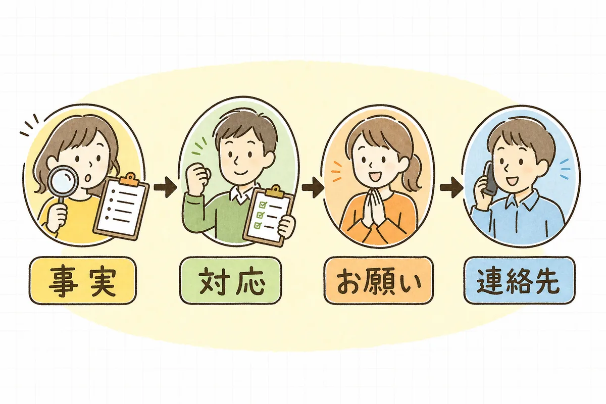 感染症連絡の組み立てを「事実」「対応」「お願い」「連絡先」の4ステップで示した図