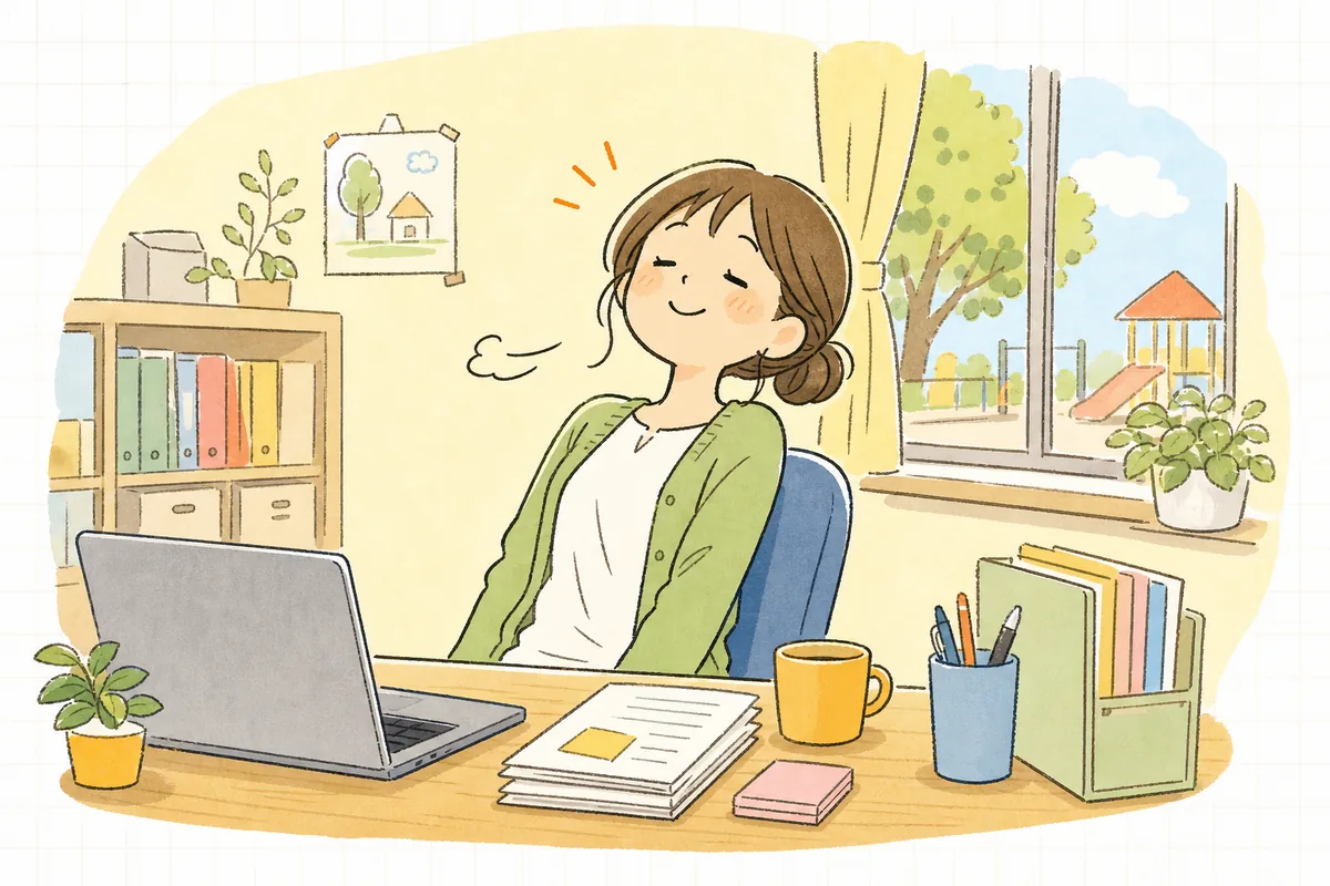 お知らせ文を送り終え、ほっと肩の力を抜いてやわらかく表情をゆるめる保育園の事務担当者