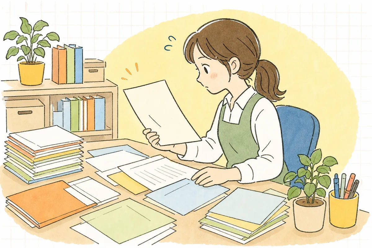 何種類もの加算の書類を前に、算定漏れがないか少し不安そうな表情で確認する保育園の事務担当者