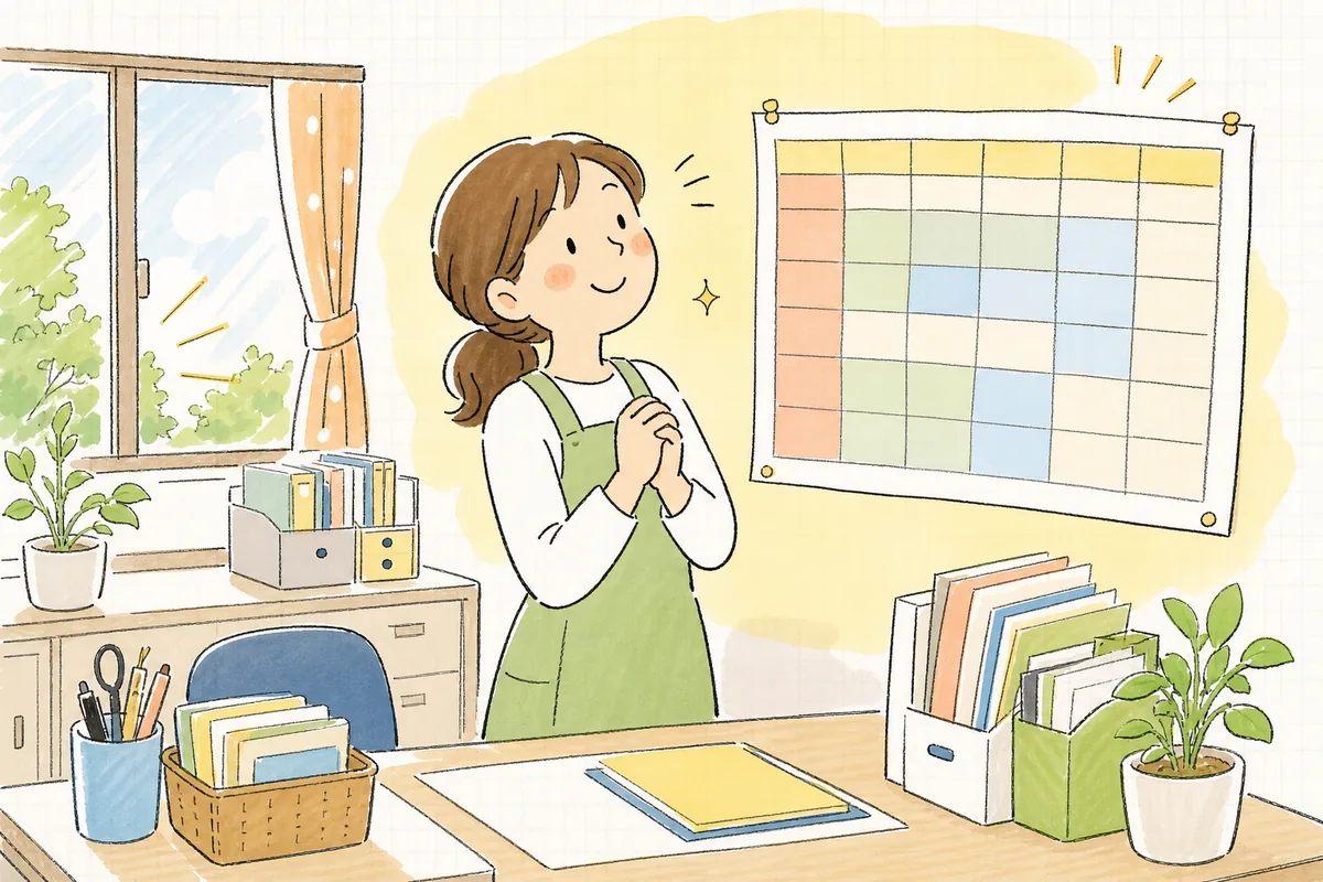加算の年間チェック一覧を作り終え、壁に貼ってほっとした表情でほほえむ保育園の事務担当者
