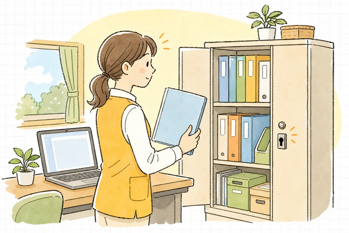 事務室の棚に並ぶ書類のファイルとパソコンを前に、名簿の置き場所を確かめる保育園の事務担当者