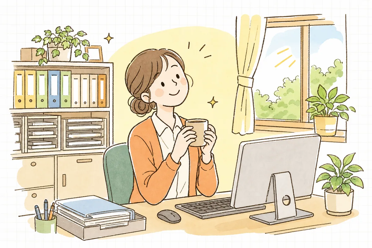 整った書類棚とすっきりしたパソコン画面を前に、ひと息ついてほほえむ保育園の事務担当者