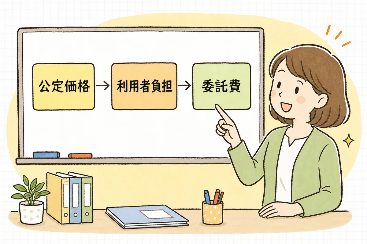 「公定価格→利用者負担を差し引く→委託費」の順に園へのお金が決まる流れ図を指さして確かめる事務担当者