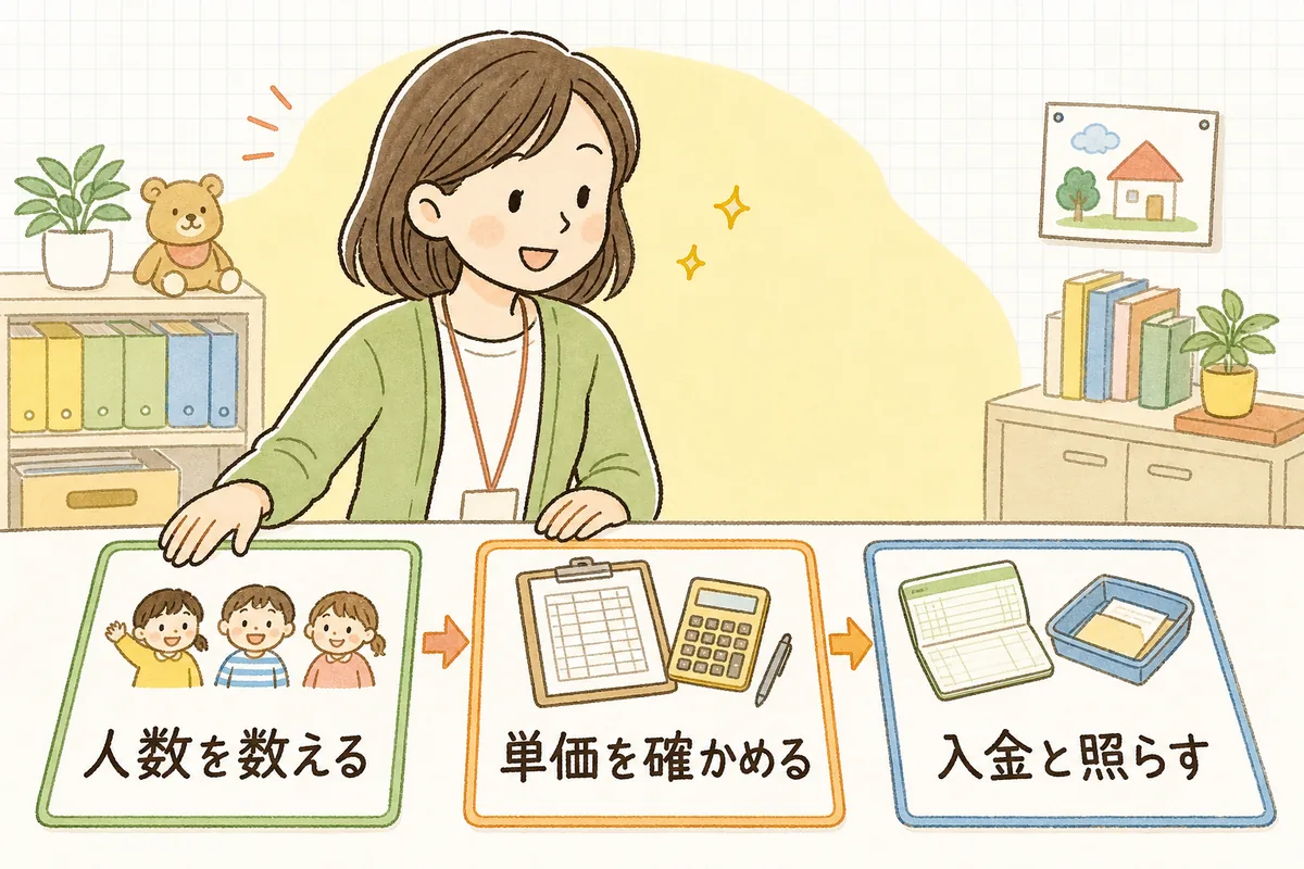 「区分ごとの人数を数える→単価を確かめる→入金と照らす」の3ステップを順に並べて確認する事務担当者
