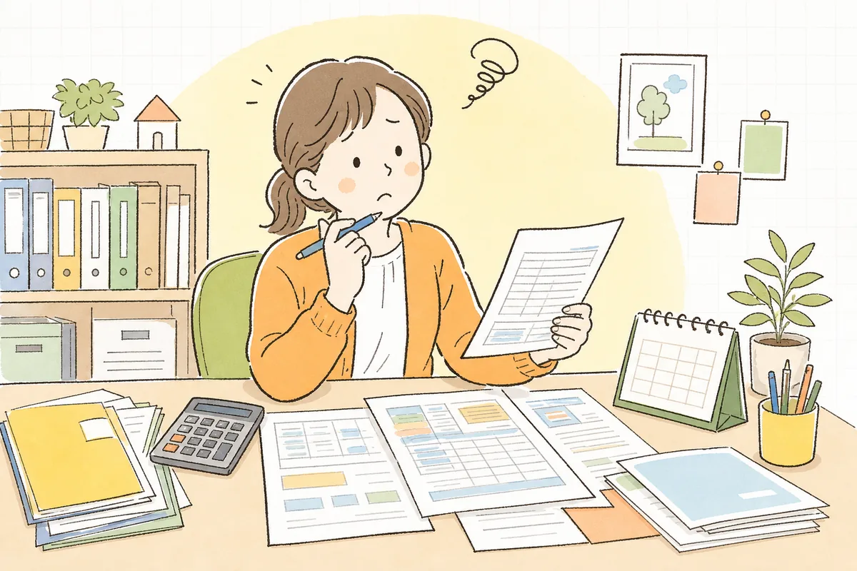 委託費の入金明細と公定価格の資料を見比べ「この金額、どう出てるんだろう」と考え込む保育園の事務担当者