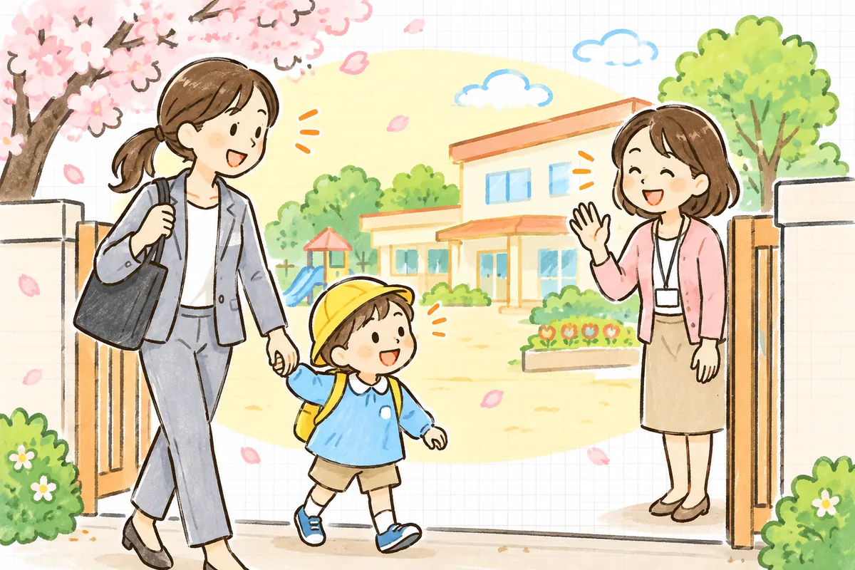 春の朝の保育園の門の前で、少し遠くから来た保護者と子どもを、事務職員が笑顔で迎え入れている場面