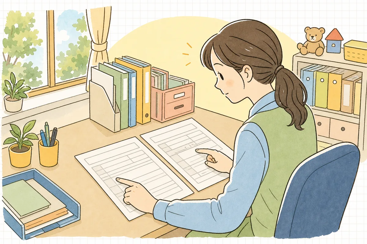 同じ苗字の申込書を二枚並べて、きょうだいの名前とクラスを一枚ずつ指で確かめる保育園の事務担当者