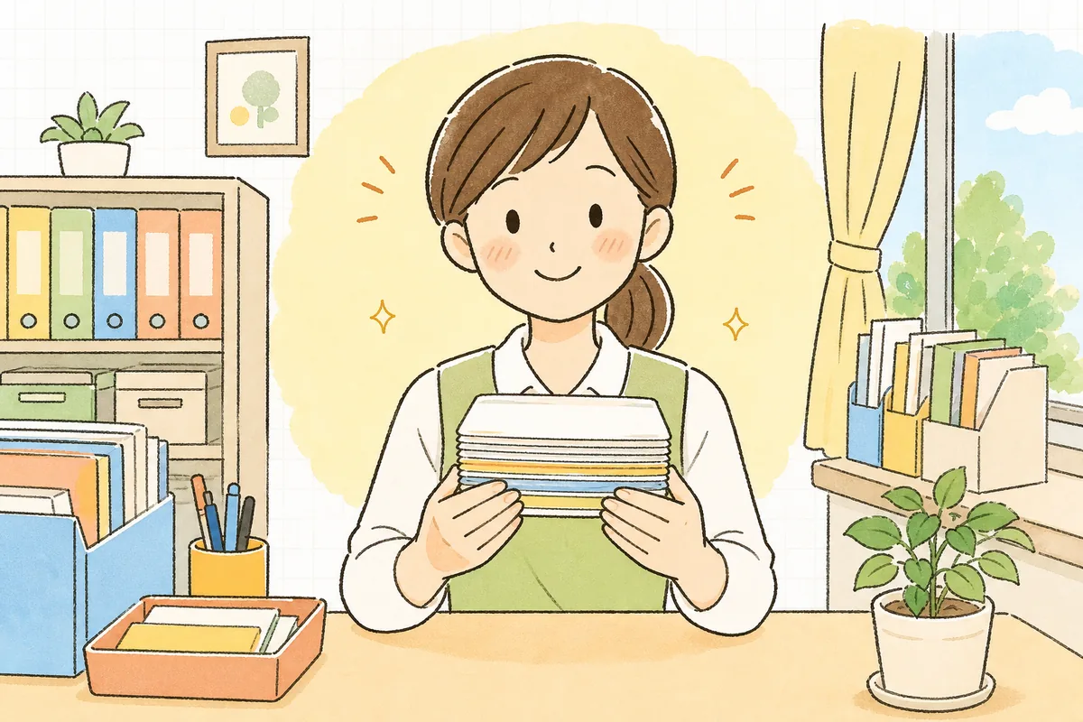 一人ずつに分け終えた受付カードをそろえて手に、次の家庭を落ち着いて迎えられそうな表情でほほえむ保育園の事務担当者