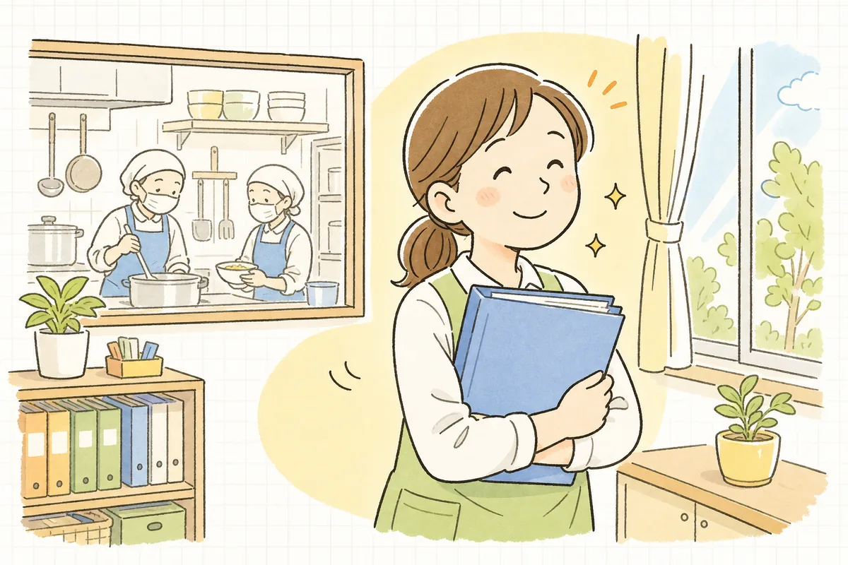 整えたアレルギー対応の確認表を手に、給食室の明るい光の中でほっとほほえむ保育園の事務担当者
