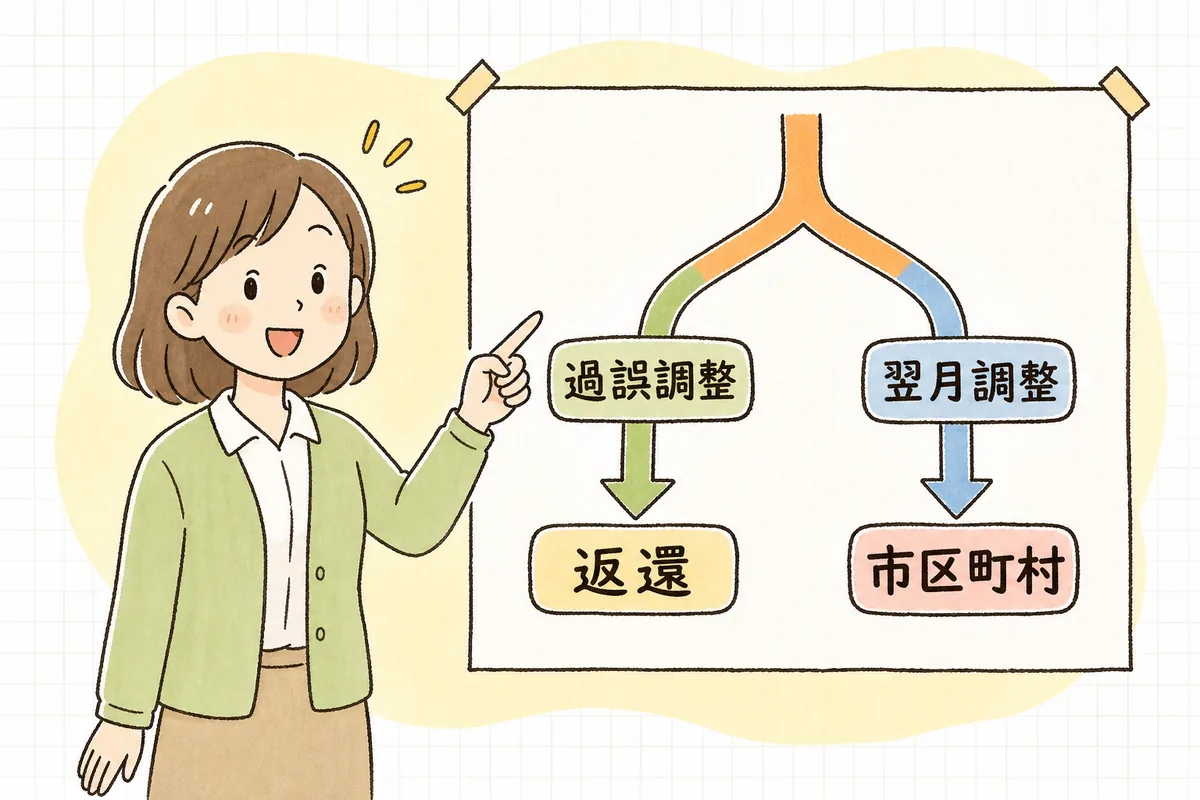 過誤調整のうち翌月調整と返還の二つの道筋を、担当者が図で示して説明している図