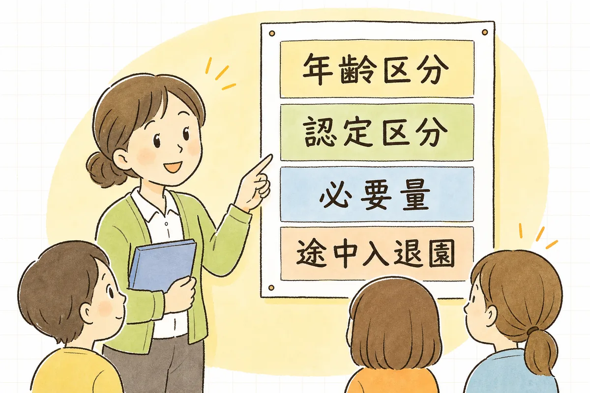 給付費請求で間違えやすい四つの区分を、担当者が一覧を指さしながら確認して見せている図