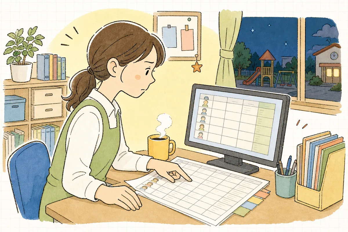 月初の事務室で、児童名簿と給付費請求のデータを見比べながら区分の確認をしている保育園の事務担当者