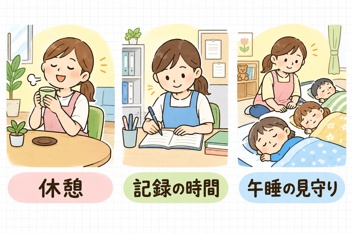 左に休憩室でお茶を飲んでくつろぐ保育士、中央に職員室の机で記録を書く保育士、右にお昼寝中の子どもたちのそばで見守る保育士を並べ、午睡の時間を3つの役割に分けたイメージ図