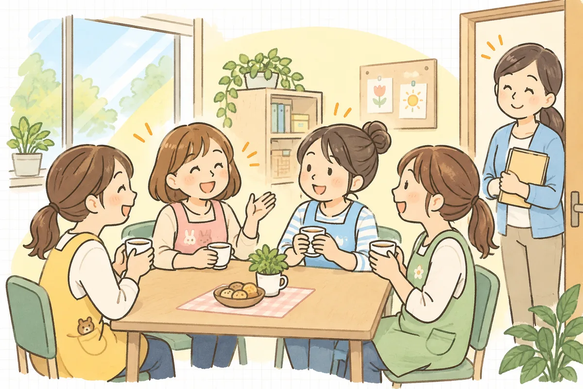 休憩室でお茶を飲みながら笑顔で話す保育士たちと、その様子を見てほっとほほえむ事務担当者