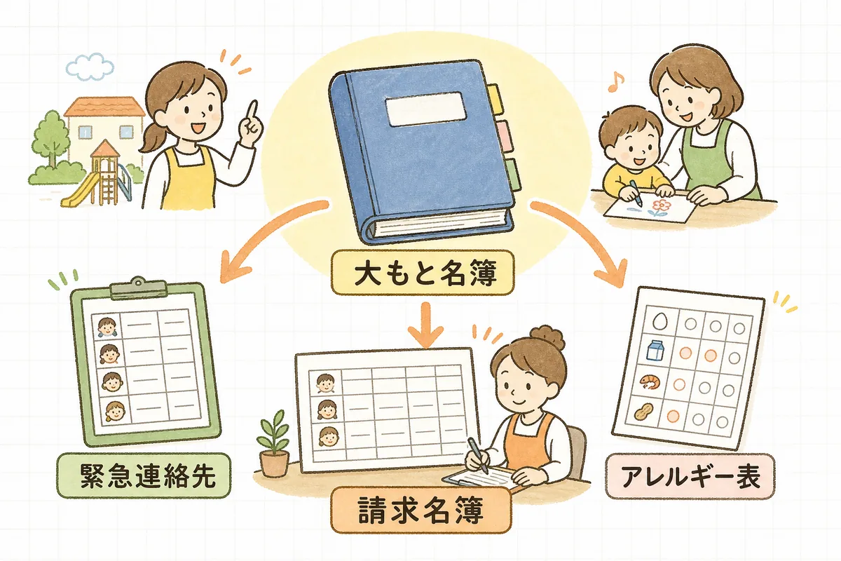 一つのマスター名簿から、複数の台帳へ情報が流れていく様子を示した図