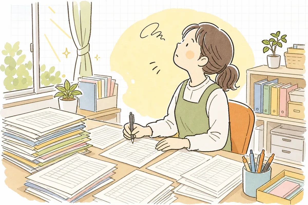 同じ子どもの名前を何枚もの名簿に書き写しながら、ふと手を止めてため息をつく保育園の事務担当者