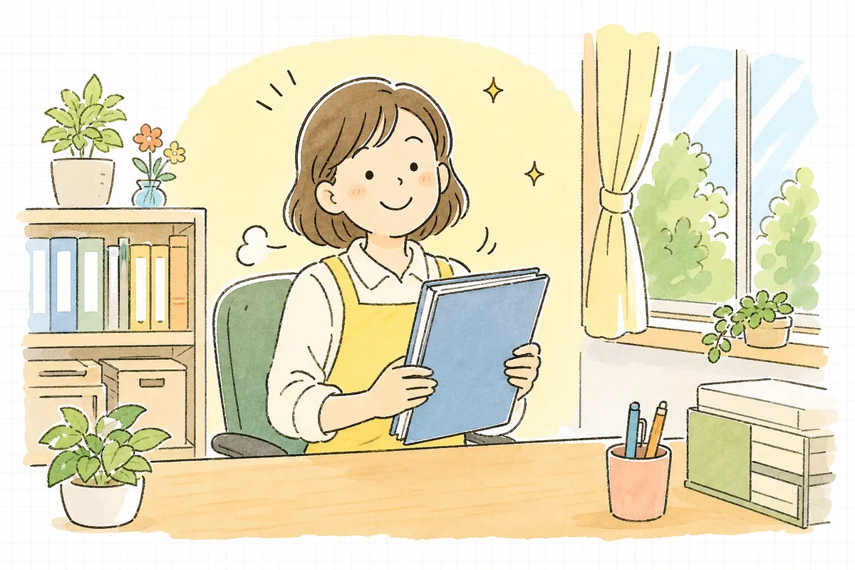 一つに整った名簿を手に、肩の力が抜けてやわらかくほほえむ保育園の事務担当者