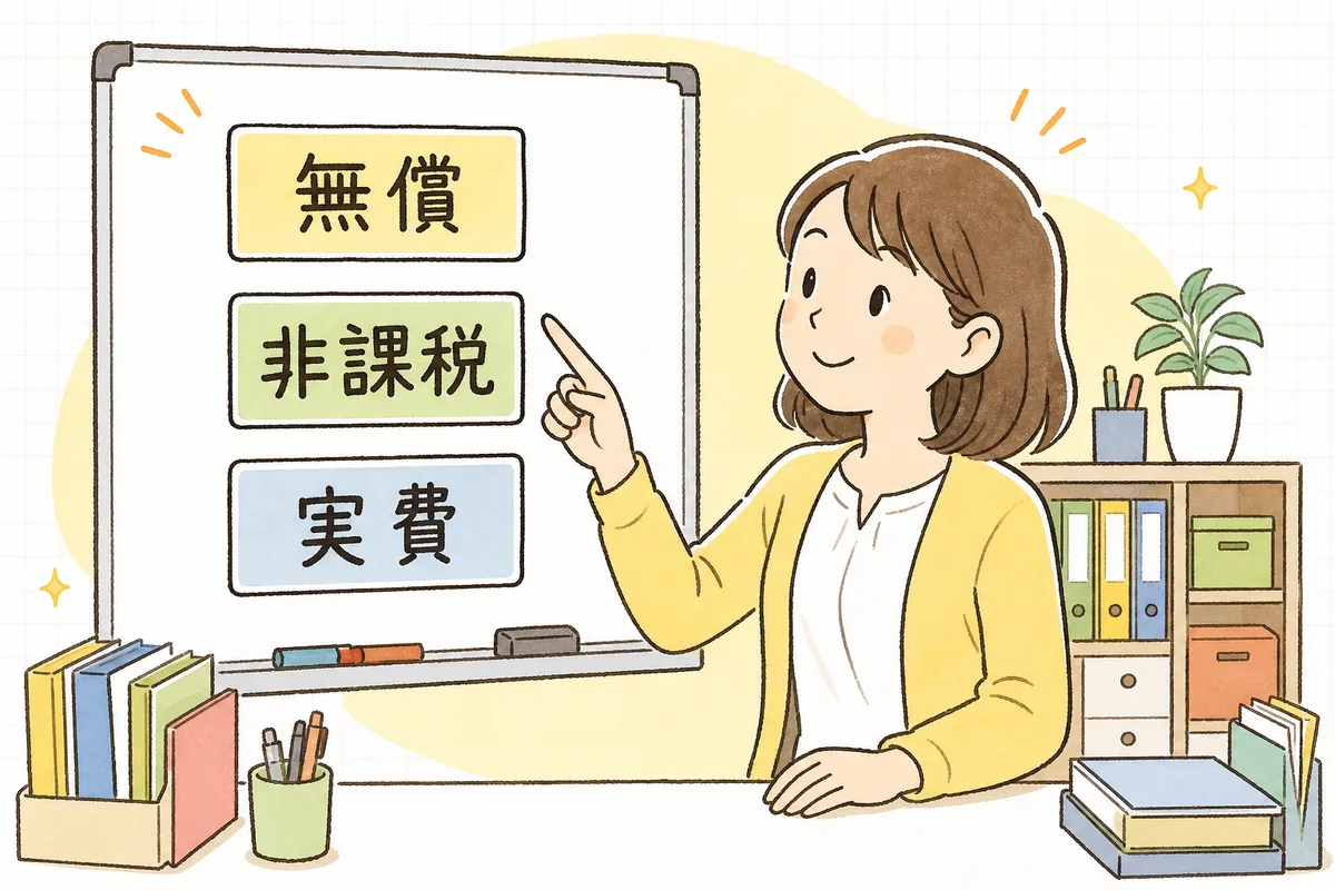 「3〜5歳は原則無償」「0〜2歳は非課税世帯」「実費は対象外」の3つの区切りを指さして確かめる事務担当者