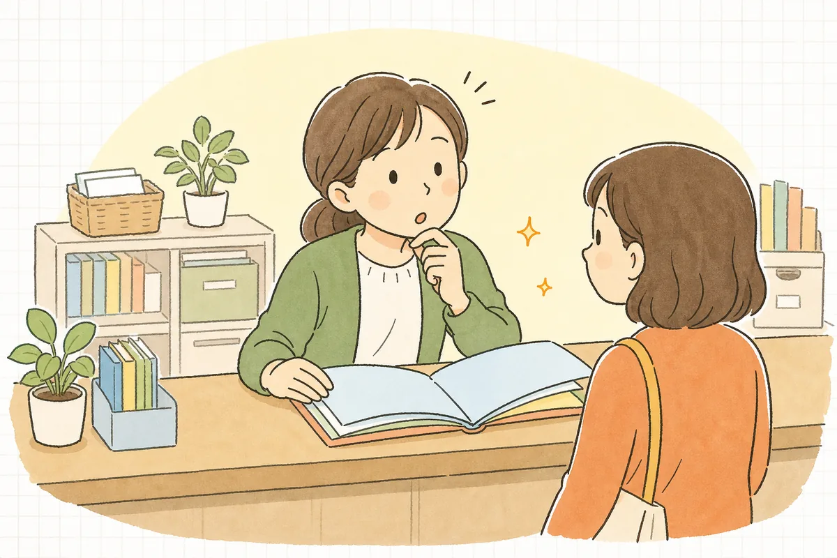 保護者から「うちは無償化の対象ですか」と問い合わせを受け、資料を開いて確かめようとする保育園の事務担当者