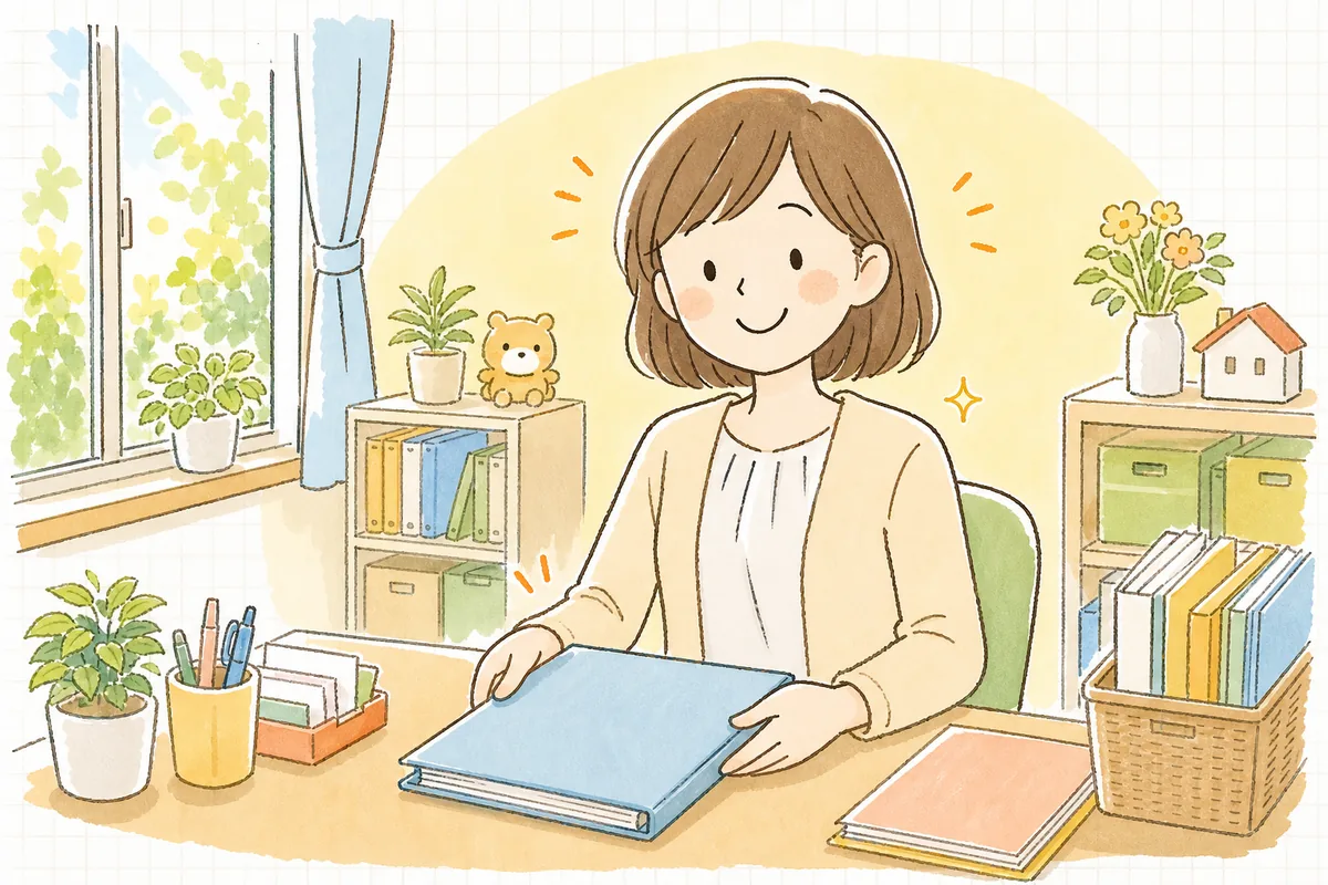 保護者への説明を終え、資料を閉じて「これでちゃんと伝えられた」とやわらかく微笑む保育園の事務担当者