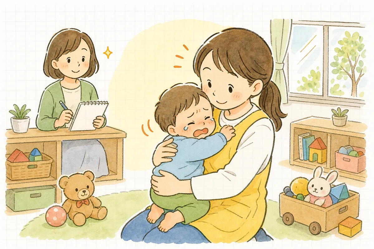 慣らし保育の初日、泣いている乳児をやさしく抱っこする保育士と、その様子をあたたかく見守る保育園の事務担当者