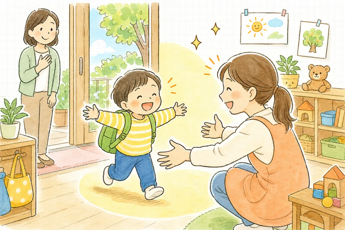 慣らし保育を終えて、笑顔で保育室に入っていく子どもと、それを見守る保育士・事務担当者のあたたかい場面