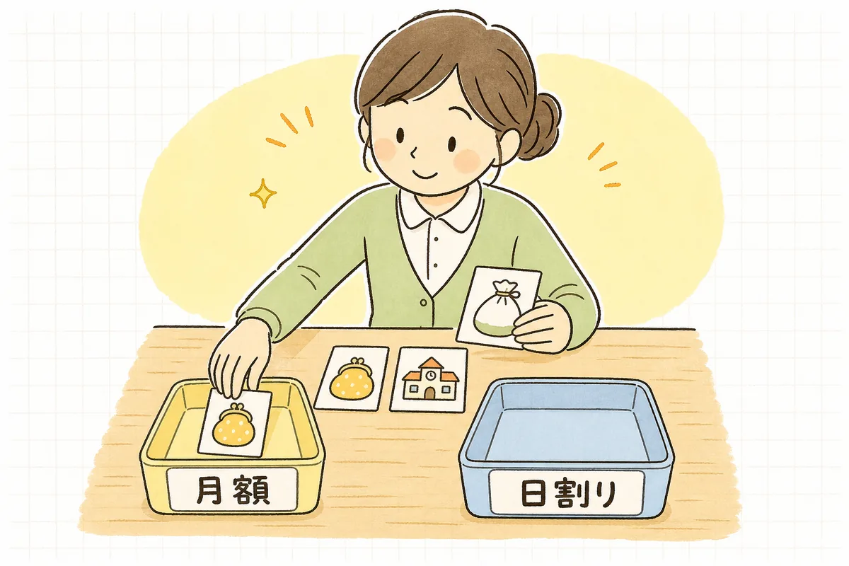 保育料・給付費・実費徴収の3つを「月額のままか」「日割りするか」で振り分ける整理図