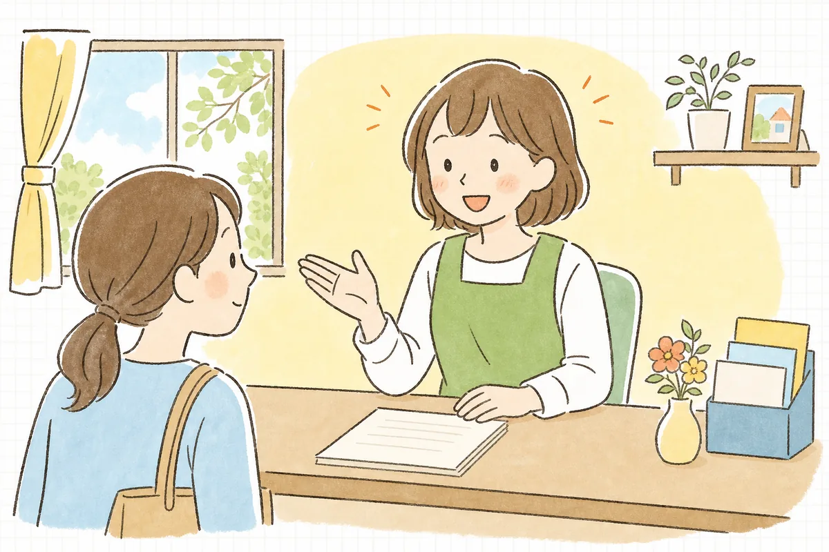 日割りのルールメモを手元に整え終え、保護者の問い合わせに落ち着いて応える保育園の事務担当者
