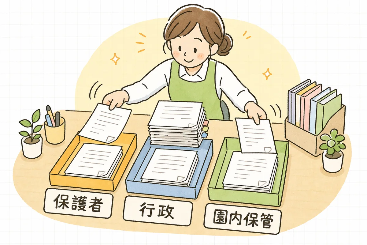 書類を「保護者」「行政」「園内保管」の3つのトレーに振り分ける保育園の事務担当者