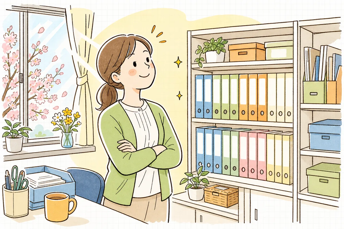 整理されたファイル棚を前に、ひと仕事を終えて満足そうにほほえむ保育園の事務担当者
