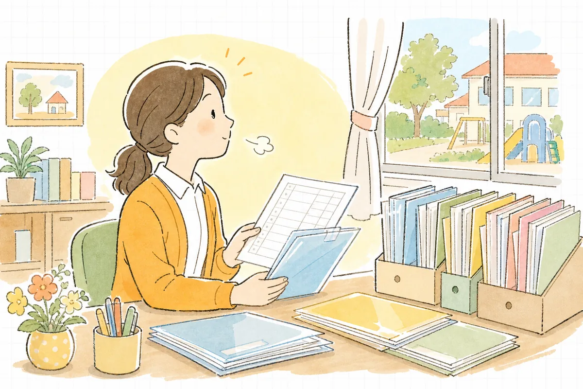 入園面接の当日、名簿と提出書類のファイルを手に、これから来る親子を落ち着いて迎えようと準備する保育園の事務担当者
