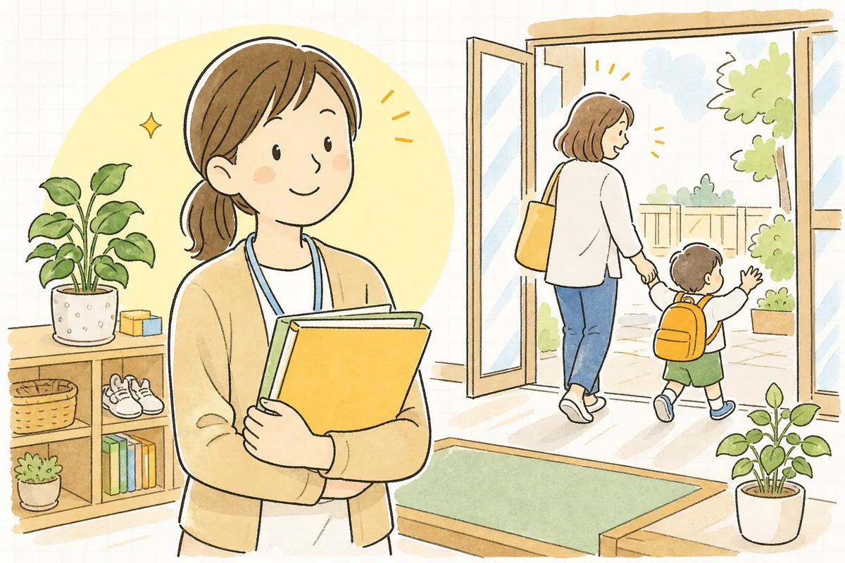 面接を終えて園を後にする親子を、書類の整ったファイルを手におだやかな笑顔で見送る保育園の事務担当者