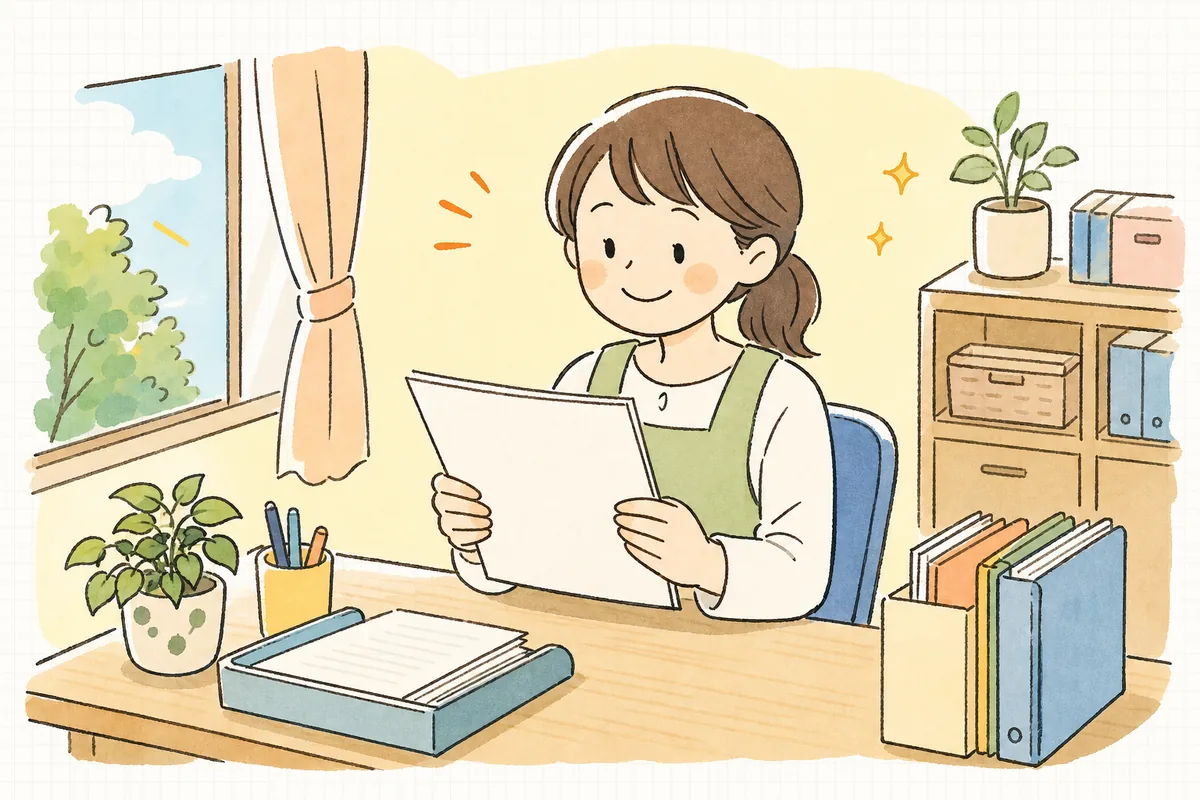 整理し終えた受付簿を手に、次の保護者を落ち着いて迎えられそうな表情でほほえむ保育園の事務担当者