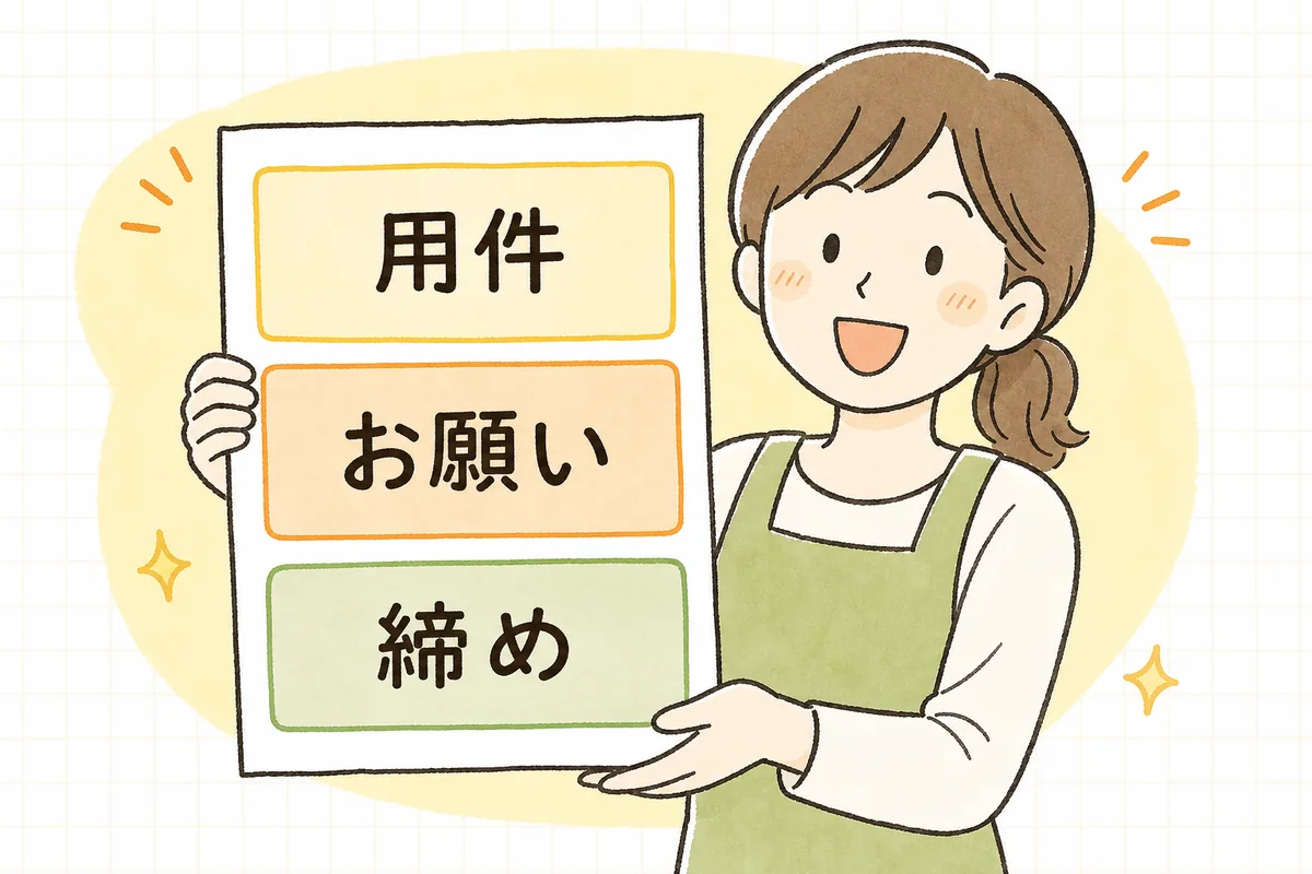 おたよりの紙面を「用件・お願い・締め」の三つのまとまりに整理して見せる保育園の事務担当者