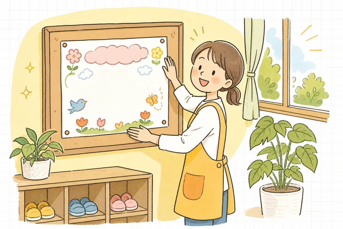 掲示板に仕上げたおたよりを貼り終え、満足そうにほほえむ保育園の職員