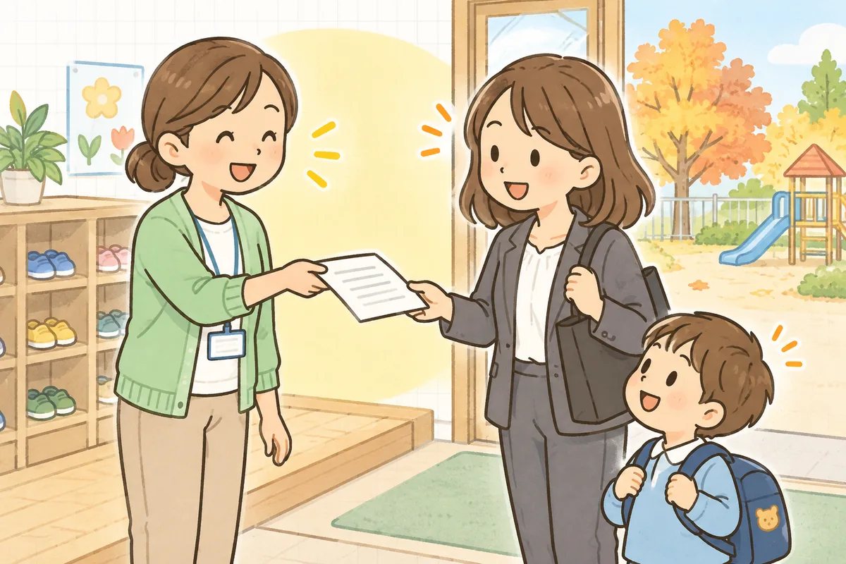 朝の保育園の玄関で、事務職員がおたよりを手渡し、保護者と子どもが笑顔で受け取っている場面